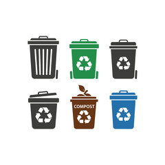 Six different colored recycling bins, including compost, displayed on a white background.