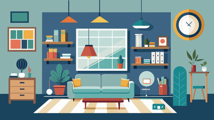 Cozy modern living room interior with sofa and shelves