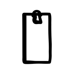 Stylized doodle image of a tag with hanging loop, in black and white