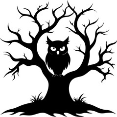 Scary tree silhouette with owl vector icon black and white , white background 