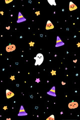 Naklejka premium Cute halloween pattern with ghosts pumpkins stars witch hats and candy corn on black