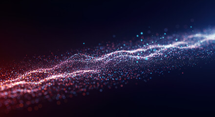 Abstract futuristic technology background featuring a dynamic wave of glowing blue and red particles representing digital data flow and energy