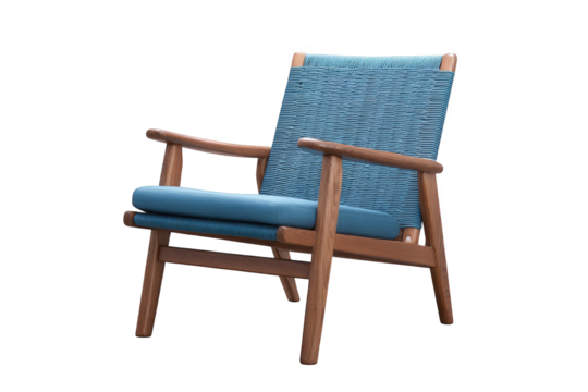 Modern armchair with blue woven seat and cushion isolated on transparent background