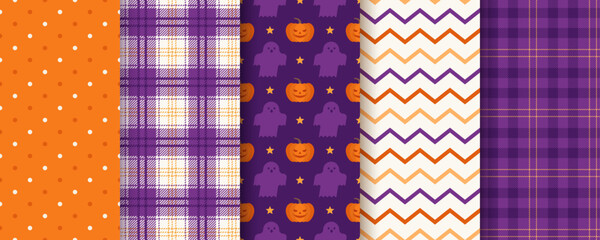 Halloween patterns. Seamless textures. Haloween background with pumpkin face, ghost, polka dot, zigzag, check. Orange purple textile prints. Set geometric wrapping papers. Vector Illustration.