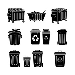 Collection of various black and white garbage receptacles and waste containers.