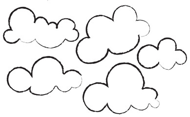 Grunge textured black cloud icon. Abstract grunge style black cloud silhouettes with rough texture, useful for weather icons, backgrounds, posters. Children drawing style clipart for childish design

