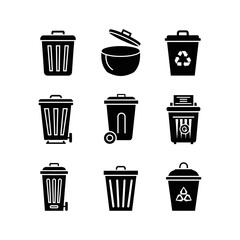 Various types of trash cans and bins, showing different styles and features, including recycling symbols.
