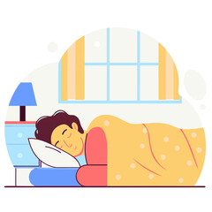 Cozy indoor sleep concept featuring a person sleeping soundly under a yellow blanket beside a blue nightstand and a window, flat vector scene.