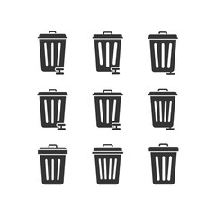 Nine grayscale trash can icons, variations in design, simple, clean style.