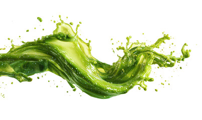 Vibrant green liquid splashing in a dynamic, flowing motion against a black background.  A close-up view of the liquid's texture and movement