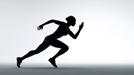 A 3D render side view scene of a black woman athlete silhouette sprinting on a totally white screen