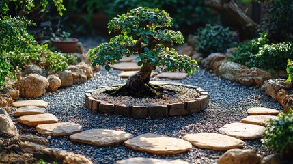 Zen garden with bonsai
