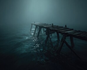Misty, decaying dock over dark water