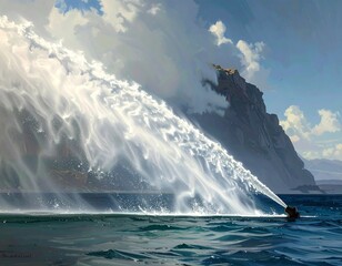 Dramatic water spout from a ship