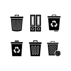 A collection of black silhouette icons depicting various waste bins, recycling containers, and office binders.