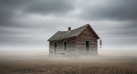 Abandoned Wooden House in a Misty Field with Wind Chimes and Overcast Sky