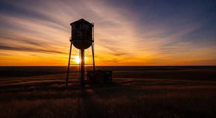 Silhouette of a Water Tower Against a Dramatic Sunset Sky.