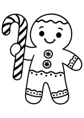 Black and white vector gingerbread man holding lollipop, perfect for engraving, engrave laser, prints, festive projects, and Christmas ideas.