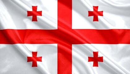 Georgian flag with white field and five red crosses, including central cross and four bolnur-katskhuri crosses, symbolizing national heritage.