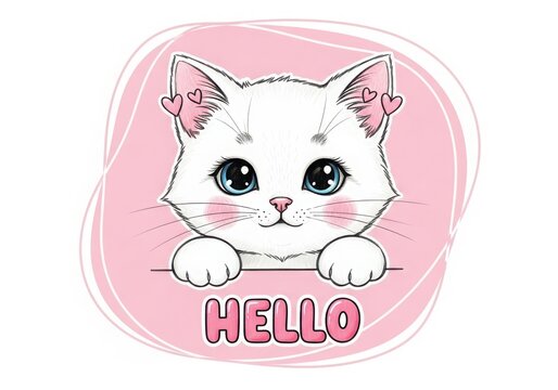 Cute white kitten peeking hello pink background adorable