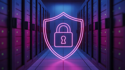 Cybersecurity concept with a glowing neon shield and padlock symbol superimposed over a server room with rows of computer racks, representing data protection and network security in a digital age