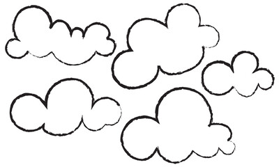 Grunge textured black cloud icon. Abstract grunge style black cloud silhouettes with rough texture, useful for weather icons, backgrounds, posters. Children drawing style clipart for childish design

