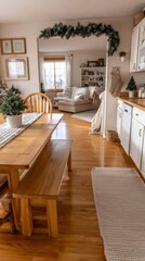 Cozy living space with wooden dining table and festive decorations during daytime