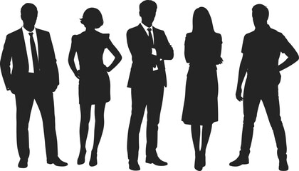 Silhouettes of Business People Standing, Professional Team Poses, Corporate Group Illustration, Office Workers Vector, Business Concept Graphic Design