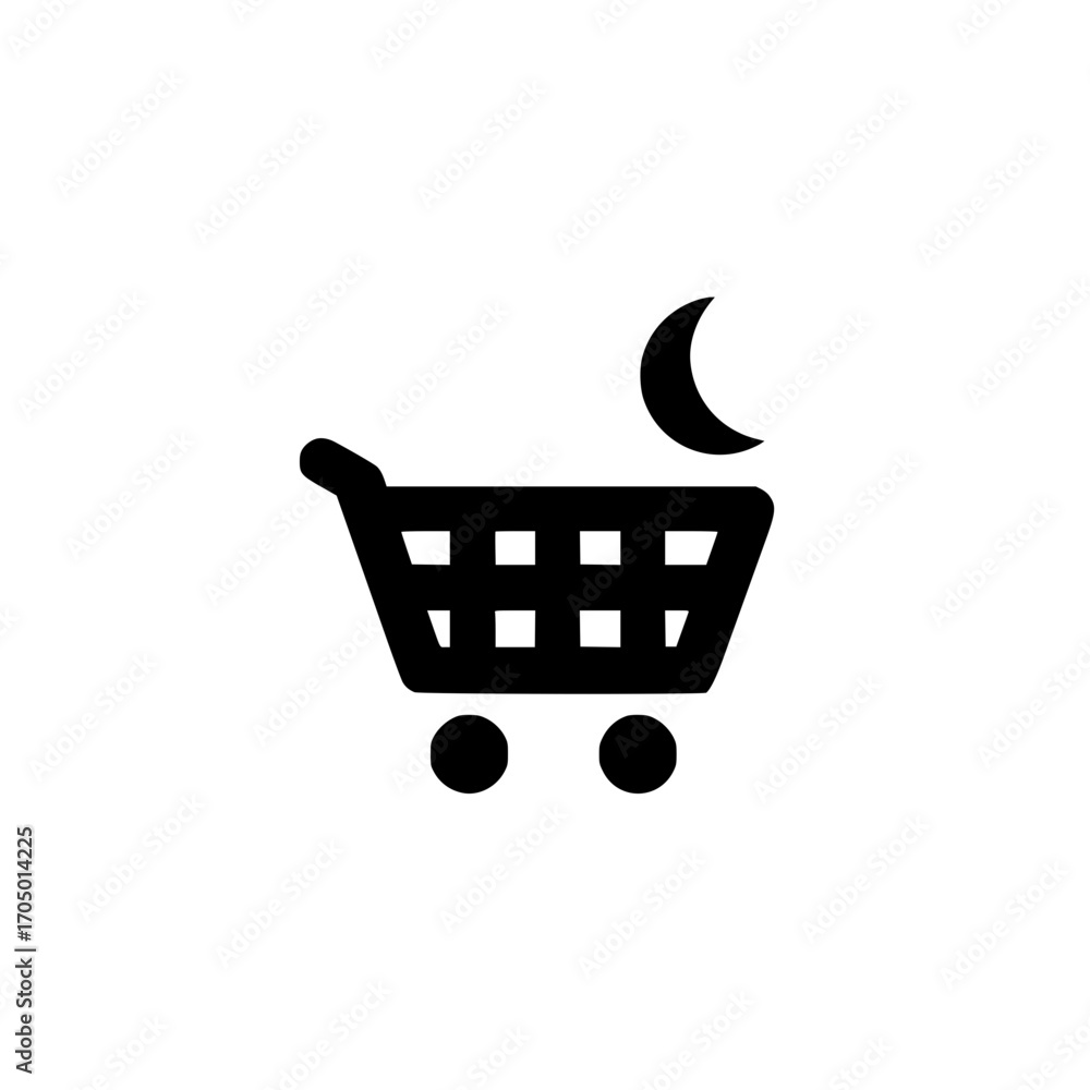 Poster ecommerce shopping cart vector featuring crescent moon icon for sleep store branding and web graphic