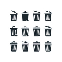 A grid of twelve distinct black and white vector icons representing various designs of trash cans and waste bins, some with open lids, others closed.