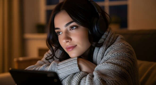 Young woman enjoying music on tablet with headphones in cozy atmosphere