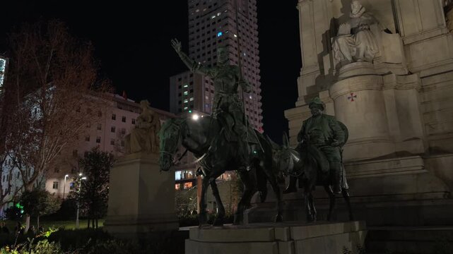 Monument to Miguel de Cervantes at Plaza de Espana in Madrid at night
