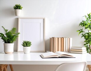Minimalist workspace with plants and books