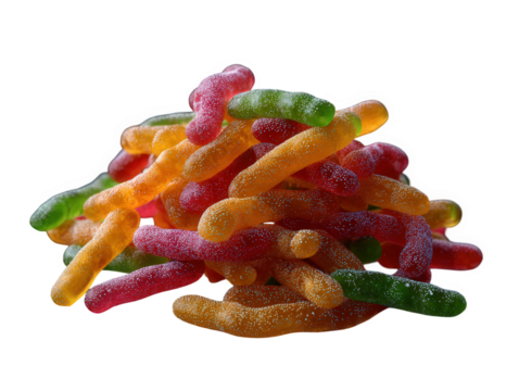 Pile of colorful gummy worms isolated on transparent background