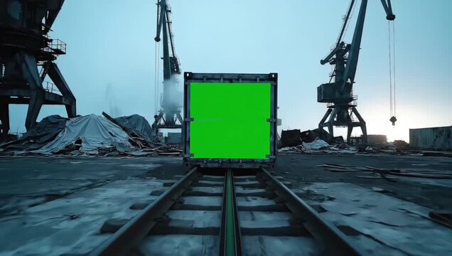 Logistics and transport concept featuring a cargo container with a blank green screen for mockups on rails in a commercial port