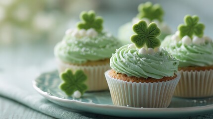 Green Frosted Cupcakes with Shamrock Toppers on Ceramic Plate for St. Patrick's Day