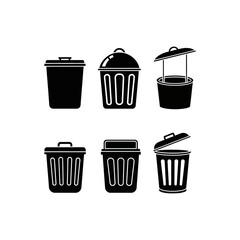 Six black and white illustrations of various trash cans, showing different lid positions.