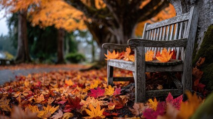 Autumn leaves on park bench
