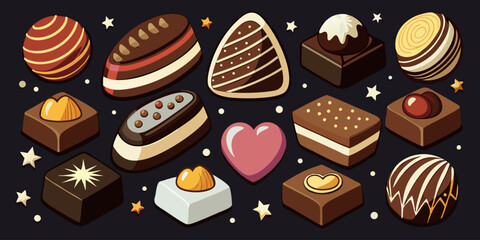 A visually rich and elegant assortment of gourmet chocolates arranged on a dark surface. The chocolates are of various shapes—hearts, stars, domes, and squares—and are decorated with intricate pattern