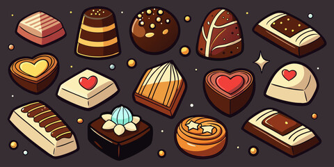 A visually rich and elegant assortment of gourmet chocolates arranged on a dark surface. The chocolates are of various shapes—hearts, stars, domes, and squares—and are decorated with intricate pattern