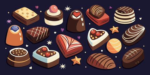 A visually rich and elegant assortment of gourmet chocolates arranged on a dark surface. The chocolates are of various shapes—hearts, stars, domes, and squares—and are decorated with intricate pattern