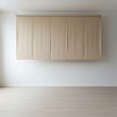 Fototapeta premium A minimalist interior featuring a large, rectangular, beige-colored installation hanging on a white wall.
