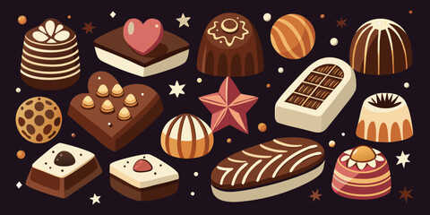A visually rich and elegant assortment of gourmet chocolates arranged on a dark surface. The chocolates are of various shapes—hearts, stars, domes, and squares—and are decorated with intricate pattern