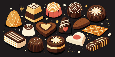 A visually rich and elegant assortment of gourmet chocolates arranged on a dark surface. The chocolates are of various shapes—hearts, stars, domes, and squares—and are decorated with intricate pattern