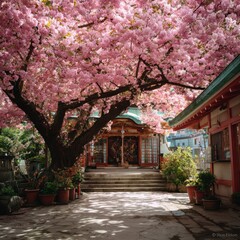 Pink blossoms canopy a Japanese shrine shadowing a concrete plaza lined with potted plants  red trim buildings