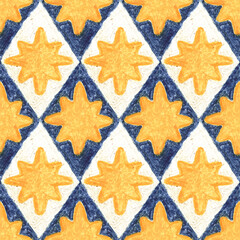 Seamless pattern with yellow stars. Geometric arrangement with blue diamonds. Abstract decorative design. Hand drawn texture.