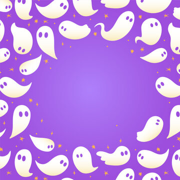 Halloween frame with cute ghosts on purple background