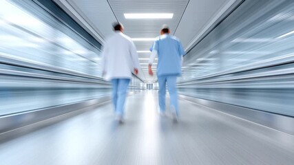 Hospital hallway with two doctors and medical professionals walking modern, clean, sterile corridor, bright lighting and dynamic motion blur conveying urgency, professionalism, and advanced