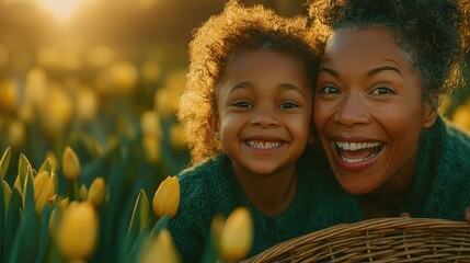Joyful grandmother and granddaughter smiling in a tulip field at sunset