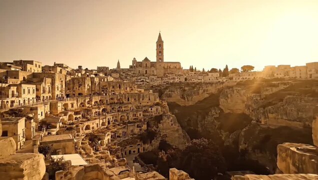 Breathtaking landscape of the ancient town of Matera, Italy, with its historic Sassi districts and cathedral glowing during a golden sunset